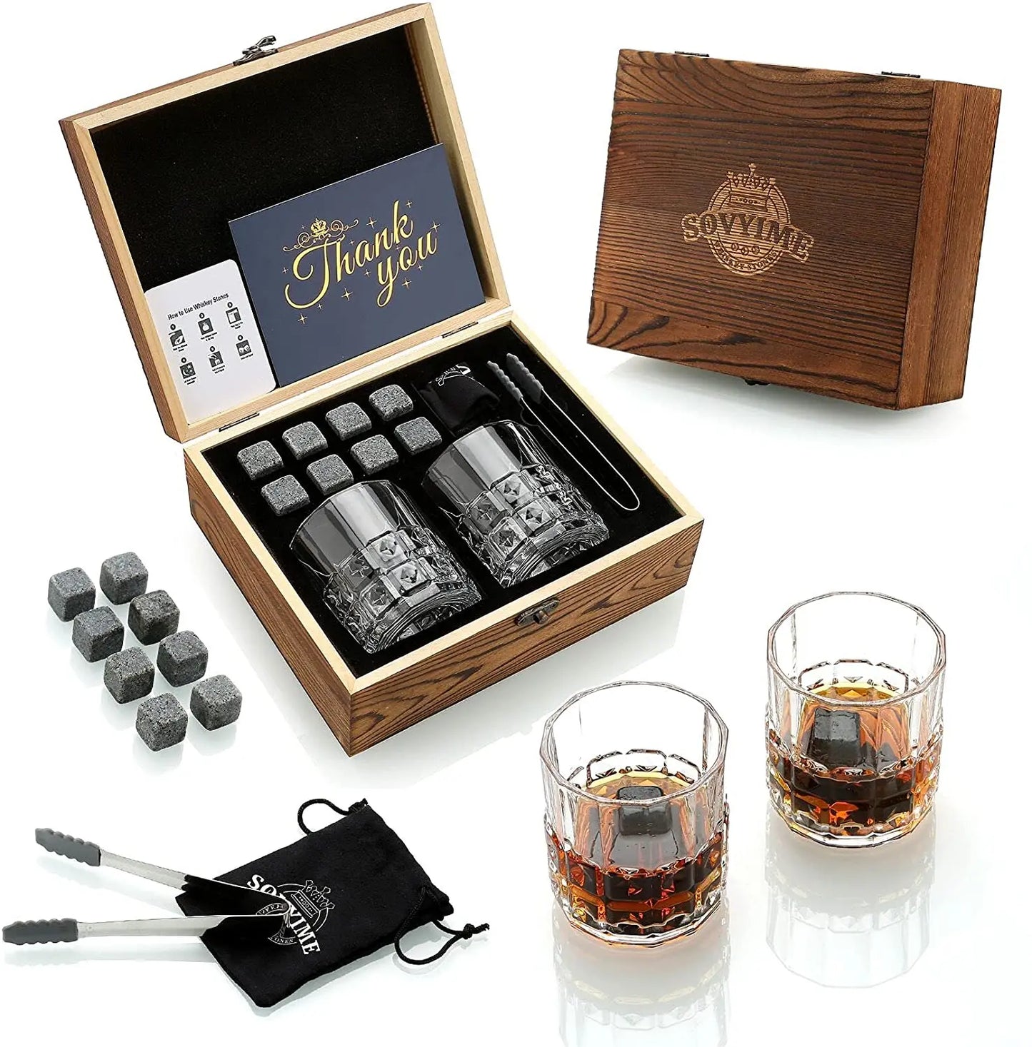 Whiskey Stones & Glasses Set, Granite Ice Cube for Whisky, Whisky Chilling Rocks in Wooden Box, Best Gift for Dad Husband Men