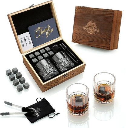 Whiskey Stones & Glasses Set, Granite Ice Cube for Whisky, Whisky Chilling Rocks in Wooden Box, Best Gift for Dad Husband Men