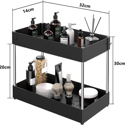 2 Tier under Sink Organizer Sliding Cabinet Basket Organizer Storage Rack with Hooks Hanging Cup Bathroom Kitchen Organizer