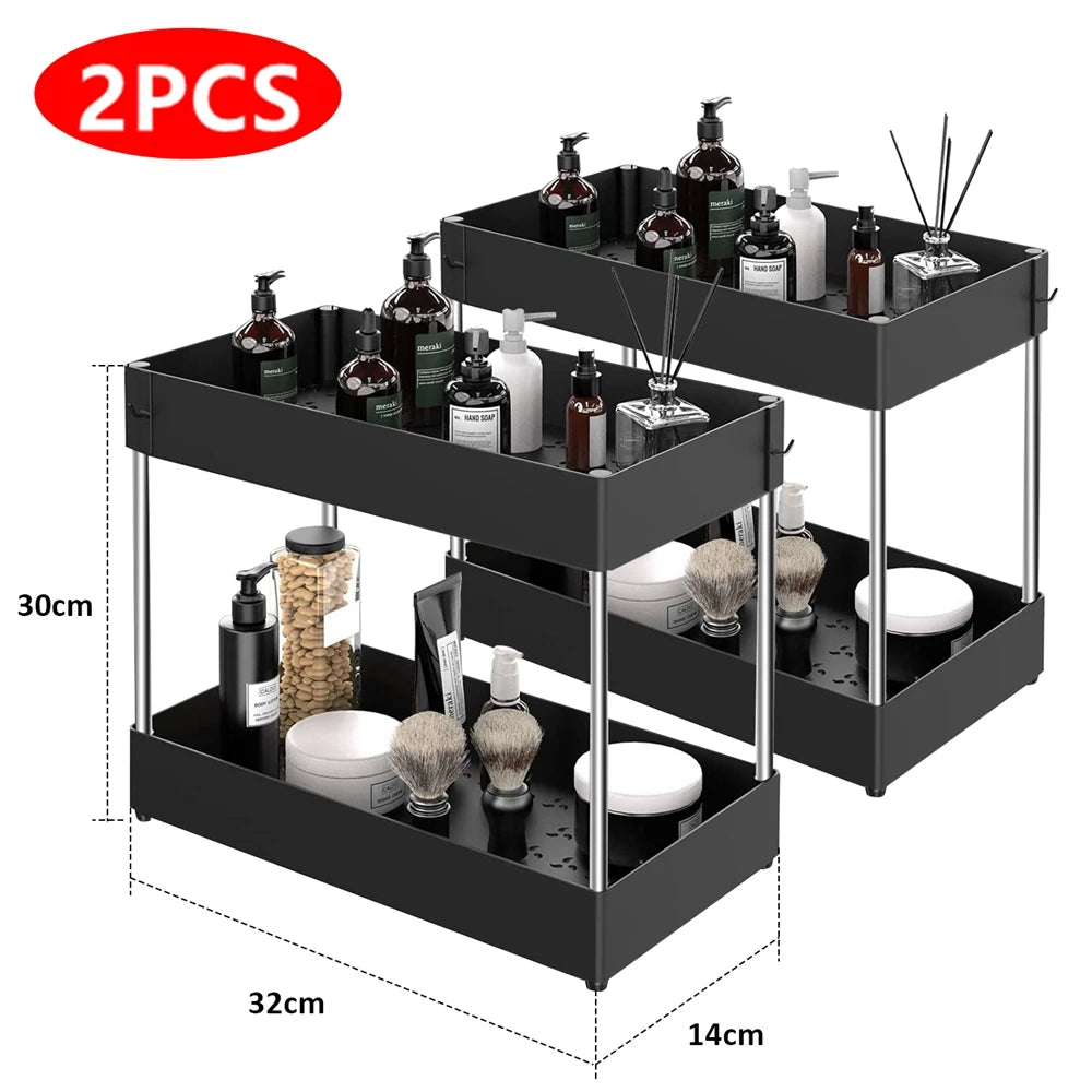 2 Tier under Sink Organizer Sliding Cabinet Basket Organizer Storage Rack with Hooks Hanging Cup Bathroom Kitchen Organizer