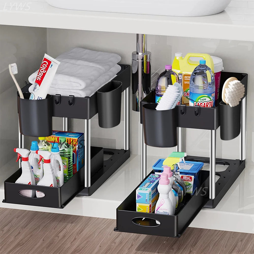 2 Tier under Sink Organizer Sliding Cabinet Basket Organizer Storage Rack with Hooks Hanging Cup Bathroom Kitchen Organizer