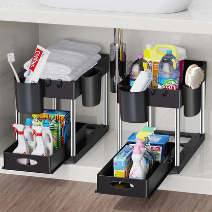 2 Tier under Sink Organizer Sliding Cabinet Basket Organizer Storage Rack with Hooks Hanging Cup Bathroom Kitchen Organizer