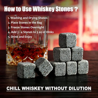 Whiskey Stones & Glasses Set, Granite Ice Cube for Whisky, Whisky Chilling Rocks in Wooden Box, Best Gift for Dad Husband Men