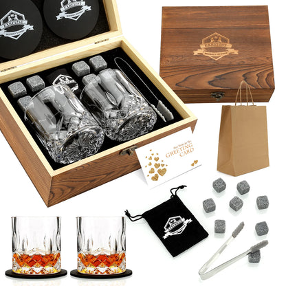 Whiskey Stones & Glasses Set, Granite Ice Cube for Whisky, Whisky Chilling Rocks in Wooden Box, Best Gift for Dad Husband Men
